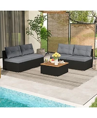 Gymax Set Of 5 Outdoor Furniture Set w/ Seat and Back Cushions Acacia Wood Tabletop