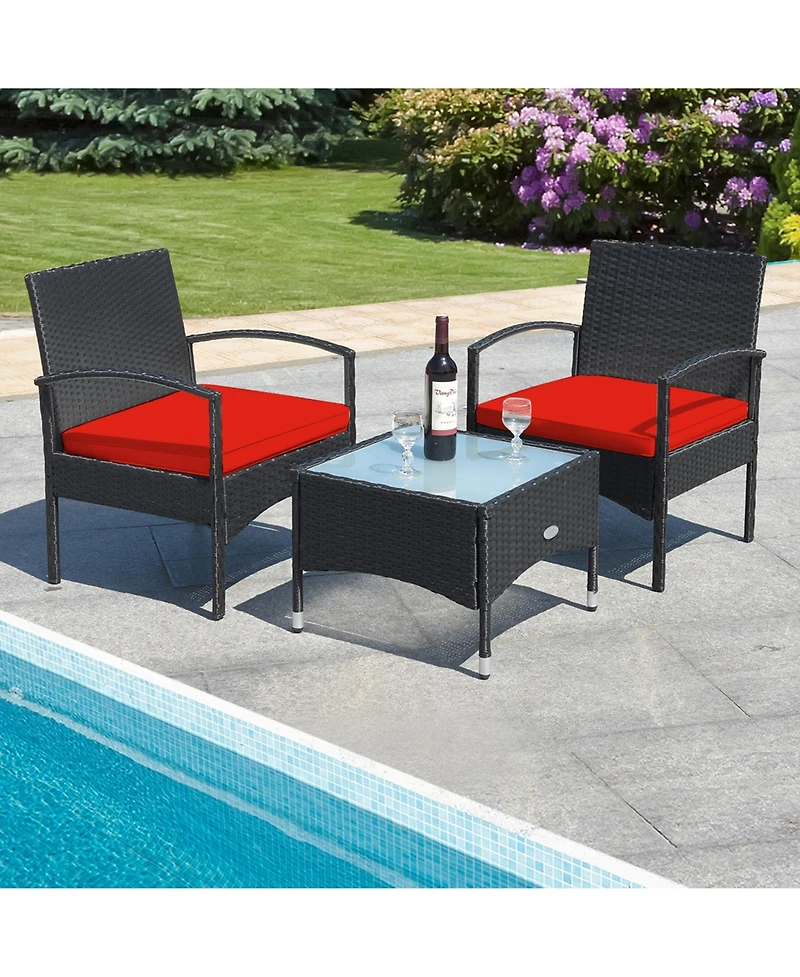 Gymax 3 Pcs Patio Wicker Rattan Furniture Set Coffee Table & 2 Rattan Chair w/ Cushion