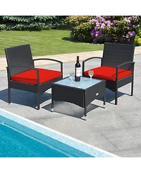 Gymax 3 Pcs Patio Wicker Rattan Furniture Set Coffee Table & 2 Rattan Chair w/ Cushion
