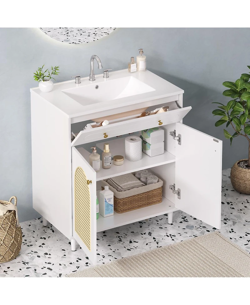 Sillysis 30 Inch Freestanding Bathroom Vanity with Sink, Solid Wood & Mdf Cabinet, Tip Drawer & Adjustable Shelf for Modern Storage