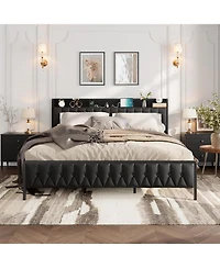 gaomon Contemporary Metal Bed Frame – King Size with Pu Faux Leather Button Headboard – Charging Station – 12" Underbed Storage