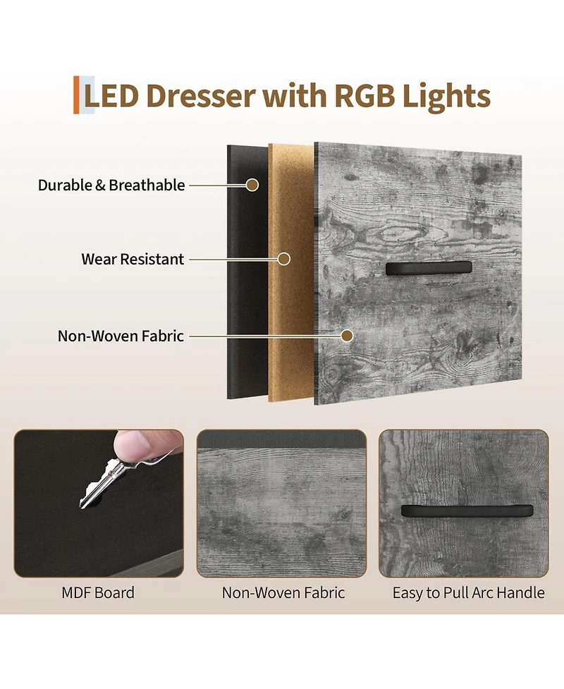 gaomon Dresser with Hanging Rack, Reversible 6 Drawers Dresser with Led Lights & Charging Station