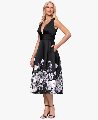 Betsy & Adam Women's Floral Border V-Neck Midi Dress
