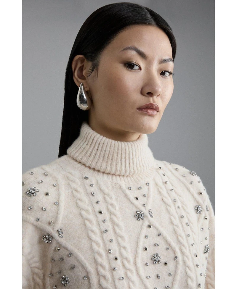 Karen Millen Women's Wool Blend Embellished Cable Knit Jumper