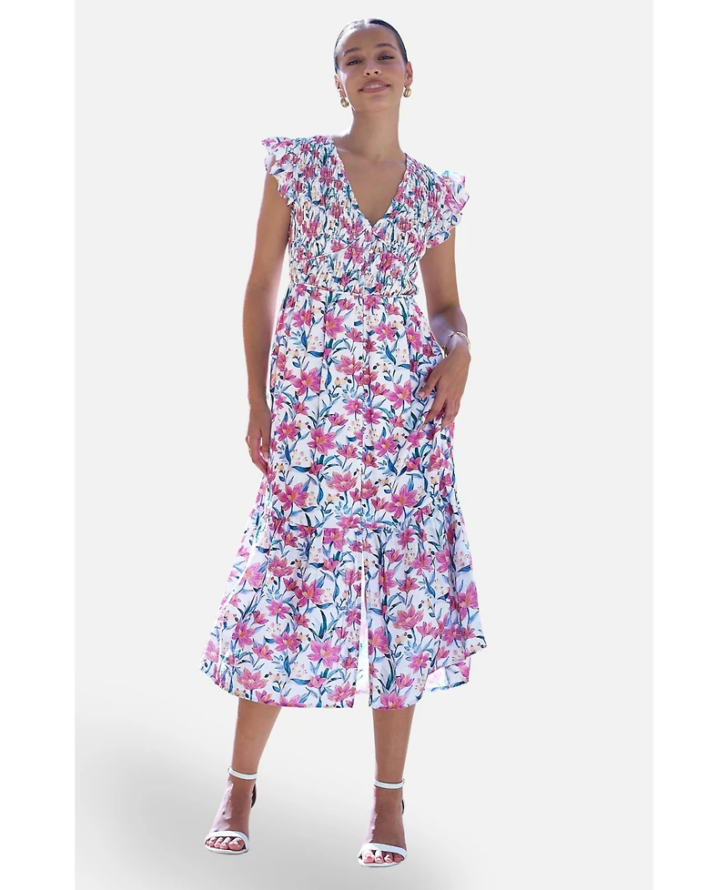 Yumi Women's Viscose Floral Ruched Waist Midi Dress