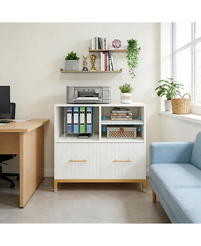 Rainsken File Storage Cabinet for Letter/Legal/A4 Size Files, Modern Wood Lateral File Cabinet with Drawer and 3 Open Storage Spaces for Home Office