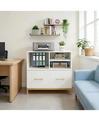 Rainsken File Storage Cabinet for Letter/Legal/A4 Size Files, Modern Wood Lateral File Cabinet with Drawer and 3 Open Storage Spaces for Home Office