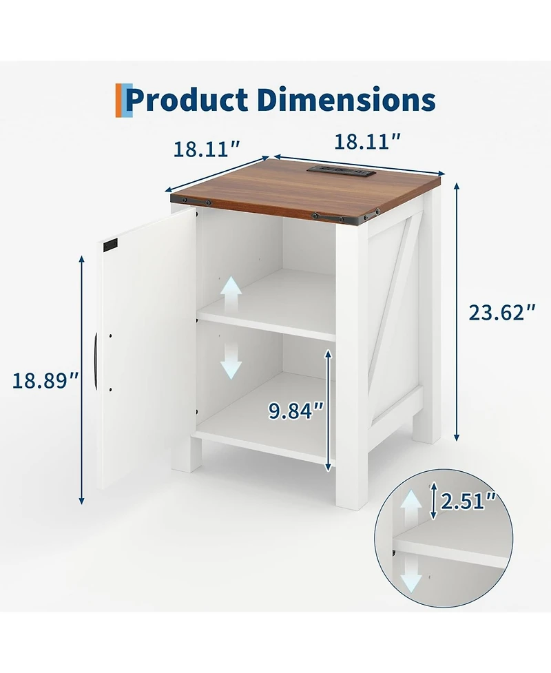 gaomon Bedside Tables Set of 2 with Usb Charging Station – White & Brown Rustic Bedside Tables with Sliding Barn Door, Adjustable Shelf