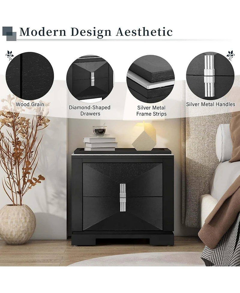 Rainsken Modern Nightstand, Wood Diamond Shaped End Table, 2 Drawers Bedside Table with Storage for Bedroom, Living Room