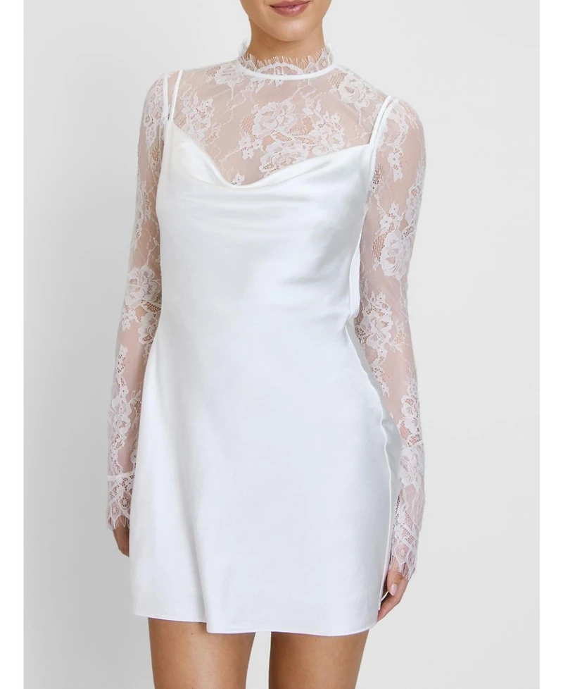 Six Stories Women's Lace Sleeve Cowl Satin Mini Dress