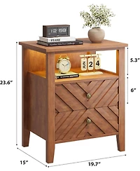 gaomon Led Night Stand with 2 Storage Drawers and Stable Wooden Legs, Farmhouse Nightstand w/V-Shaped Design & Open Storage Shelf