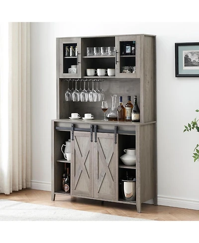 gaomon Farmhouse Coffee Bar and Wine Cabinet with Sliding Barn Doors Tall Pantry Hutch Wine and Glass Rack