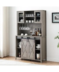 gaomon Farmhouse Coffee Bar and Wine Cabinet with Sliding Barn Doors Tall Pantry Hutch Wine and Glass Rack