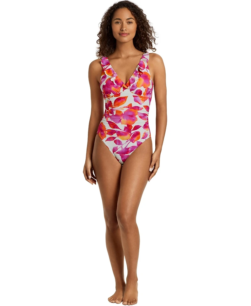 Lauren Ralph Women's Ruffle V-Neck One-Piece Swimsuit