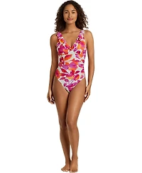 Lauren Ralph Women's Ruffle V-Neck One-Piece Swimsuit