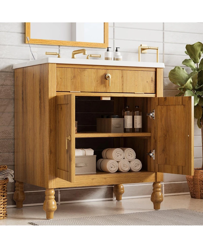 Sillysis 30 Inch Freestanding Bathroom Vanity with Seashell Resin Sink, Flip-Up Organizer & Soft Close Storage for Modern Space