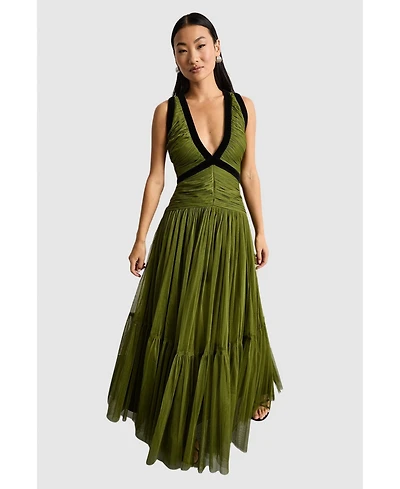 Warehouse Women's Petite Velvet Trim Tulle Maxi Dress