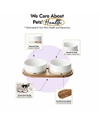 Aronkl Ceramic Dog Bowls Set with Wood Tray Food Water Non-Slip Stable Farmhouse Style