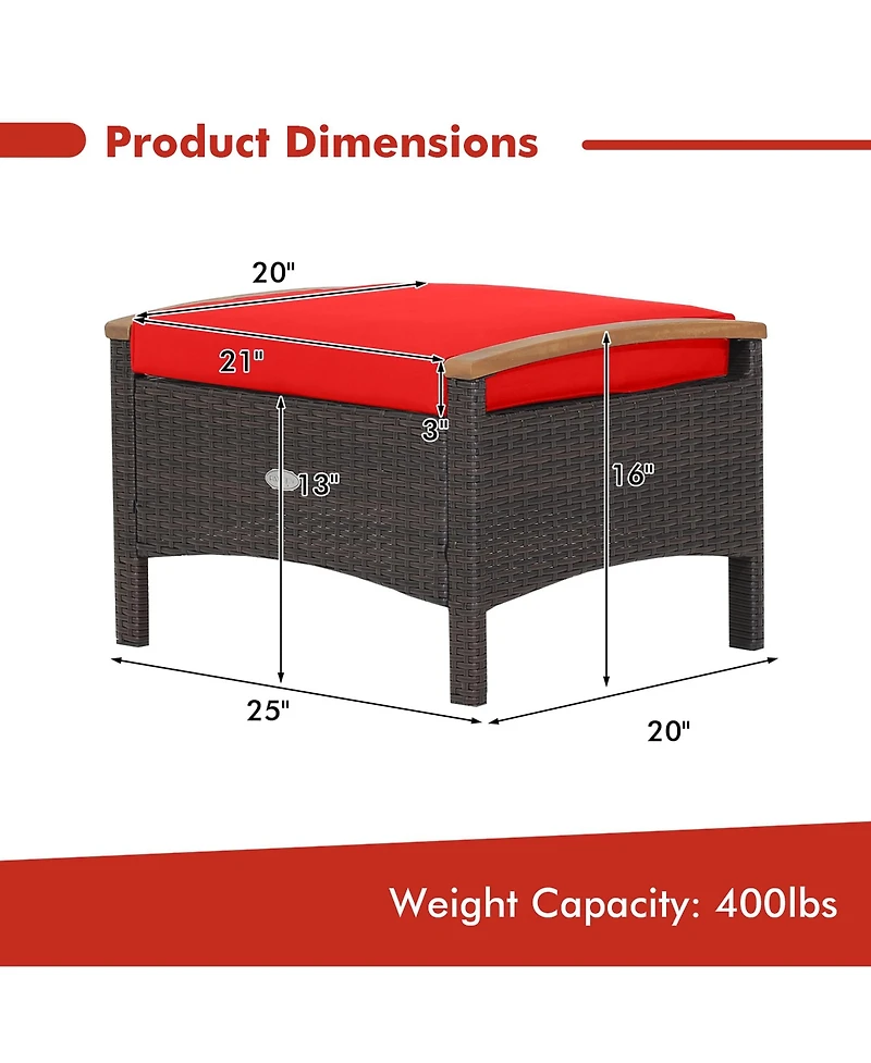 Gymax 2PCS Patio Ottomans Wooden Handles Rattan Knitting Foot Pedal Red