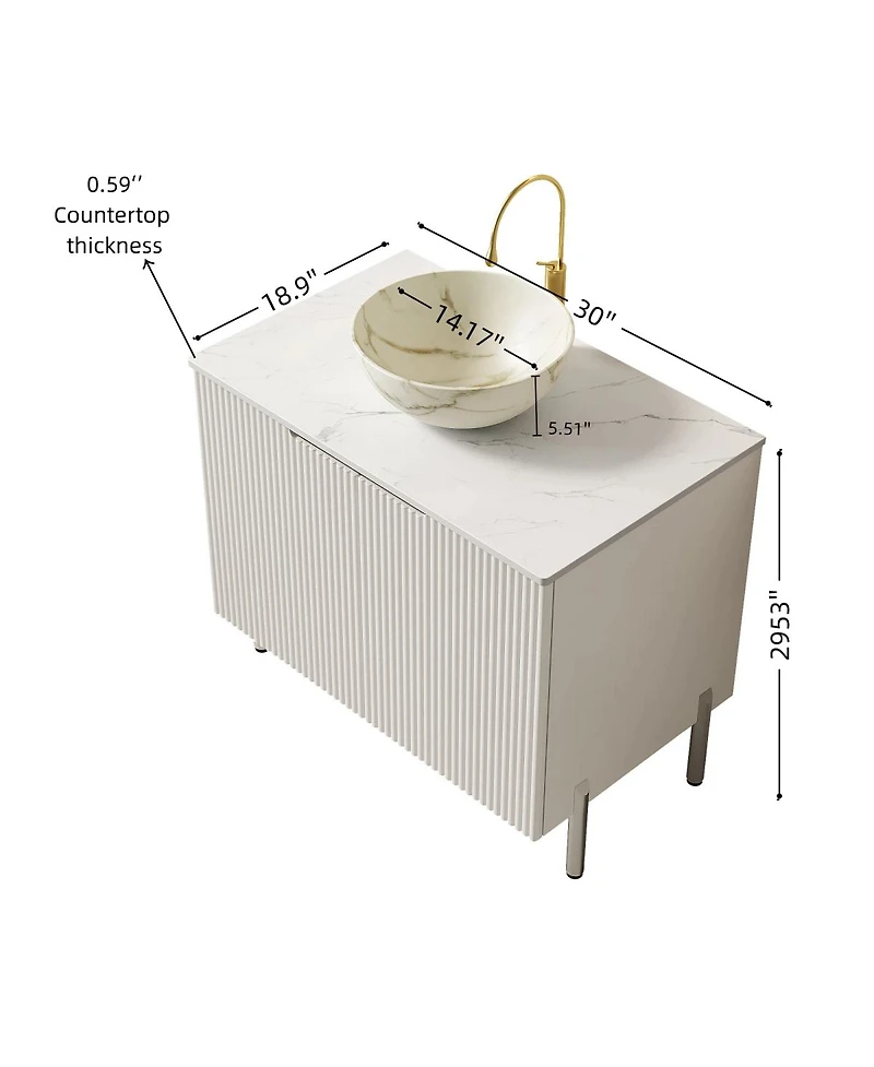 Sillysis 30" Freestanding Bathroom Vanity with Carrara Marble Top, Ceramic Bowl Sink & Double Door Storage Cabinet