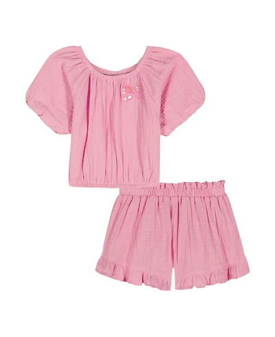 Kids Headquarters Girls' 2T-6X Puff-Sleeve Solid Top and Shorts, 2-Piece Set