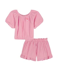 Kids Headquarters Girls' 2T-6X Puff-Sleeve Solid Top and Shorts, 2-Piece Set