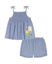 Kids Headquarters Girls' 2T-6X Woven Oxford Tunic and Ruffle Trim Shorts, 2-Piece Set