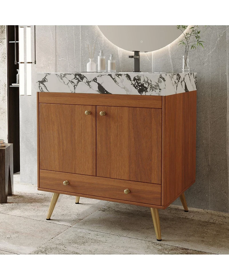 Sillysis 30" Freestanding Bathroom Vanity with Faux Marble Top, Ceramic Sink, Soft Close Storage for Small Bathrooms