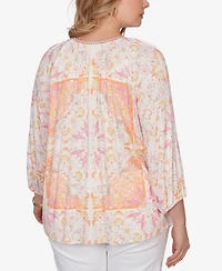 Ruby Rd. Plus Tapestry Print Drawstring Peasant Top