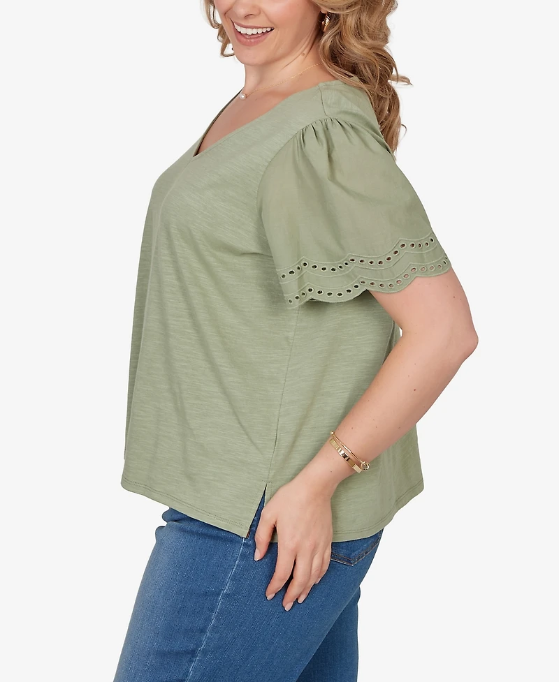 Ruby Rd. Plus Eyelet Poplin Sleeve Slub Knit Top