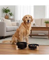 Aronkl Ceramic Slow Feeder Dog Bowl Set with Wooden Stand Anti-Gulping Anti-Slip Dishwasher Safe