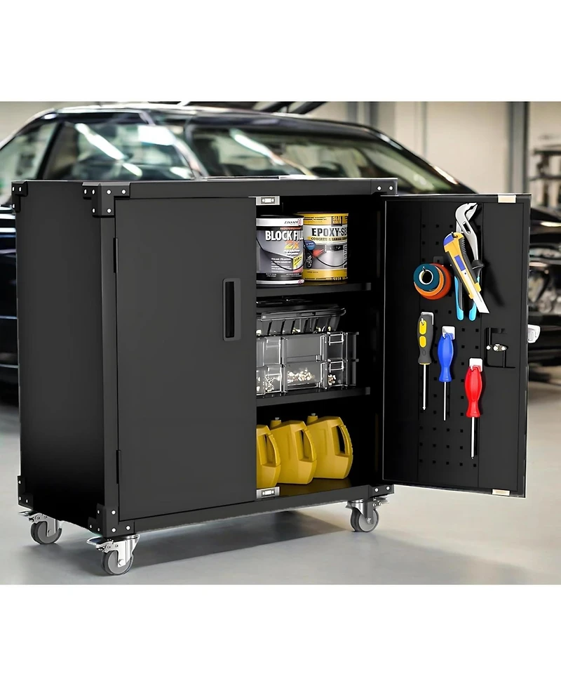 gaomon 36" Metal Storage Cabinet, with Lock, Mobile Tool Cabinet with 2 Adjustable Shelves & 4 Wheels, Heavy Duty Steel Organizer for Garage, Wor