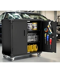 gaomon 36" Metal Storage Cabinet, with Lock, Mobile Tool Cabinet with 2 Adjustable Shelves & 4 Wheels, Heavy Duty Steel Organizer for Garage, Wor