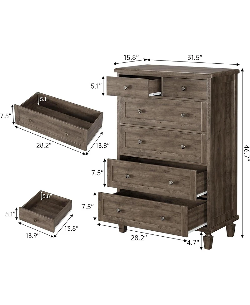 gaomon 6 Drawer Tall Vintage Wood Dresser with Carved Handles & Tapered Legs, Distressed