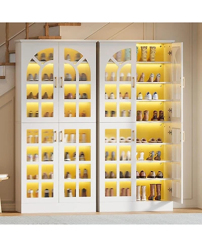 Tribesigns 68.94" Tall Shoe Cabinet with Doors and Led Lights Set of 2, 8-Tier Wooden Shoe Rack Organizer with Adjustable Shelves