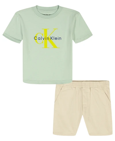 Calvin Klein Toddler and Little Boys' 2T-7 Relaxed Monogram T-Shirt Natural Denim Shorts, 2-Piece Set