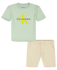 Calvin Klein Toddler and Little Boys' 2T-7 Relaxed Monogram T-Shirt Natural Denim Shorts, 2-Piece Set