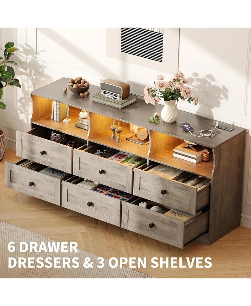 gaomon 6 Drawer Dresser with Rgb Lights & Power Outlet, Wood Tv Stand Storage Cabinet for Bedroom, Living Room
