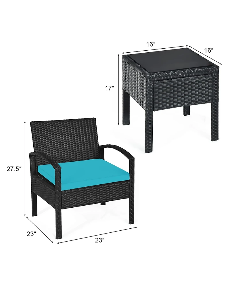 3PCS Patio Rattan Furniture Set Coffee Table and Chairs Set with Seat Cushions Garden