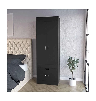 Flynama Armoire with Double Door Cabinet Two Drawers Hanging Rod Black Manufactured Wood 70.47inch High Bedroom Storage Organizer