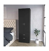 Flynama Armoire with Double Door Cabinet Two Drawers Hanging Rod Black Manufactured Wood 70.47inch High Bedroom Storage Organizer