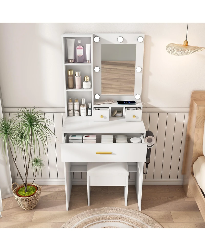 flynama Space Saving Small Led Vanity Table with Basic Standard Mirror White and Cushioned Stool