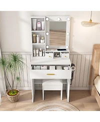 flynama Space Saving Small Led Vanity Table with Basic Standard Mirror White and Cushioned Stool