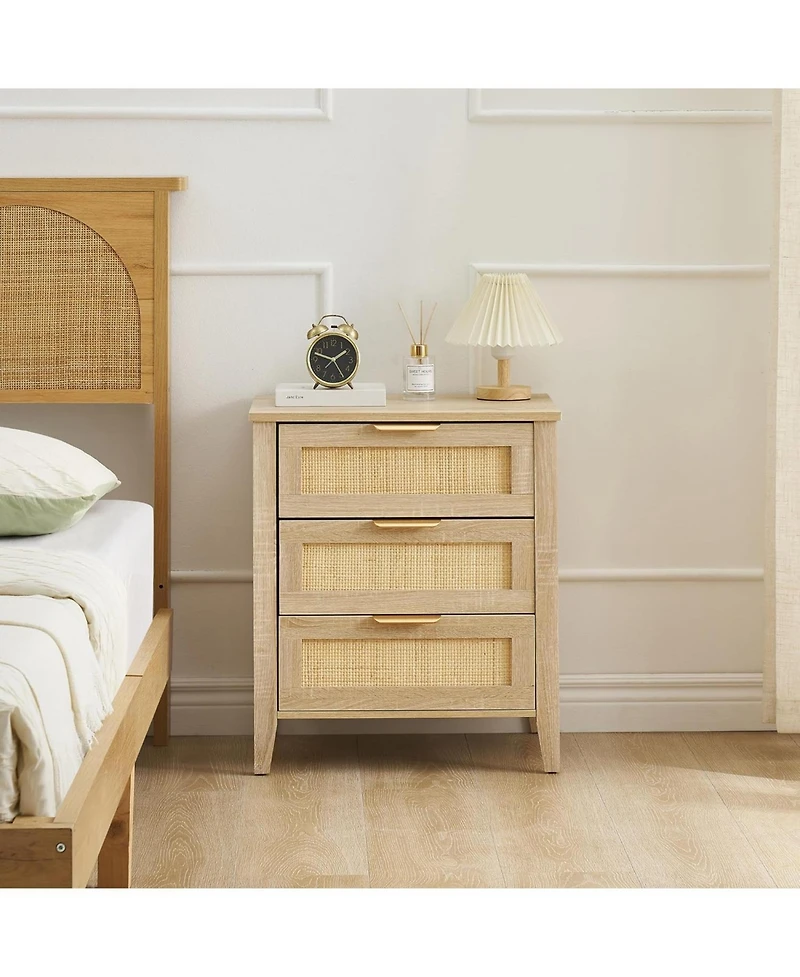gaomon rattan nightstand with 3 drawers and a storage shelf, boho bedside table with sturdy wood legs, ideal for kids' rooms or farmhouse bedrooms.