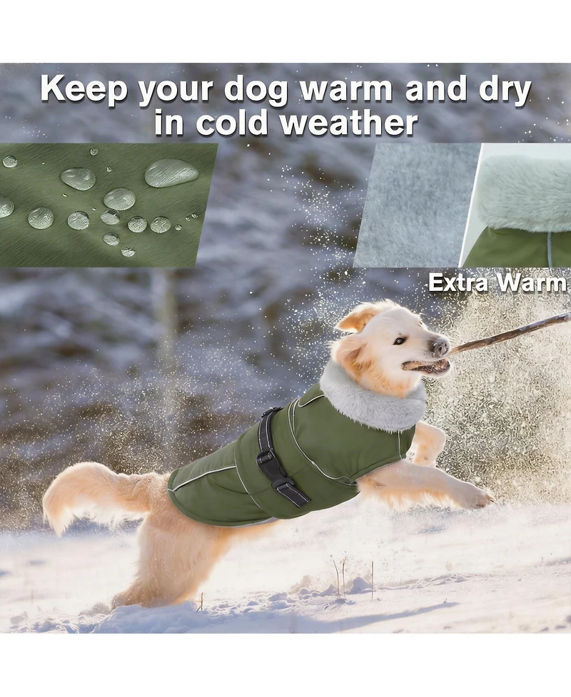 Aronkl Reflective Waterproof Dog Jacket with Fur Collar & Adjustable Buckle for Cold Weather