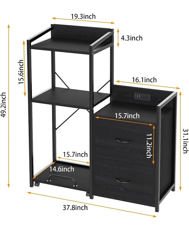 gaomon Printer Stand with Storage, 49.2" × 37.8" 3-Tier 3D Printer Table with 2 Drawers, Charging Station & Led Lights, Side Organizer