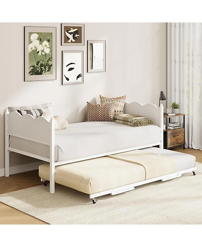 gaomon Twin Daybed with Trundle, Industrial Wood Grain Headboard, Steel Slat Support, Lockable Casters, Space-Saving & Multifunctional