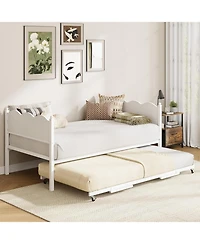 gaomon Twin Daybed with Trundle, Industrial Wood Grain Headboard, Steel Slat Support, Lockable Casters, Space-Saving & Multifunctional