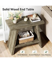 Tribesigns Solid Wood End Table for Living Room Set of 2, Narrow Small Side Table with 2-Tier Storage