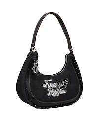 True Religion Wing Motif Denim Hobo Bag with Red Trim